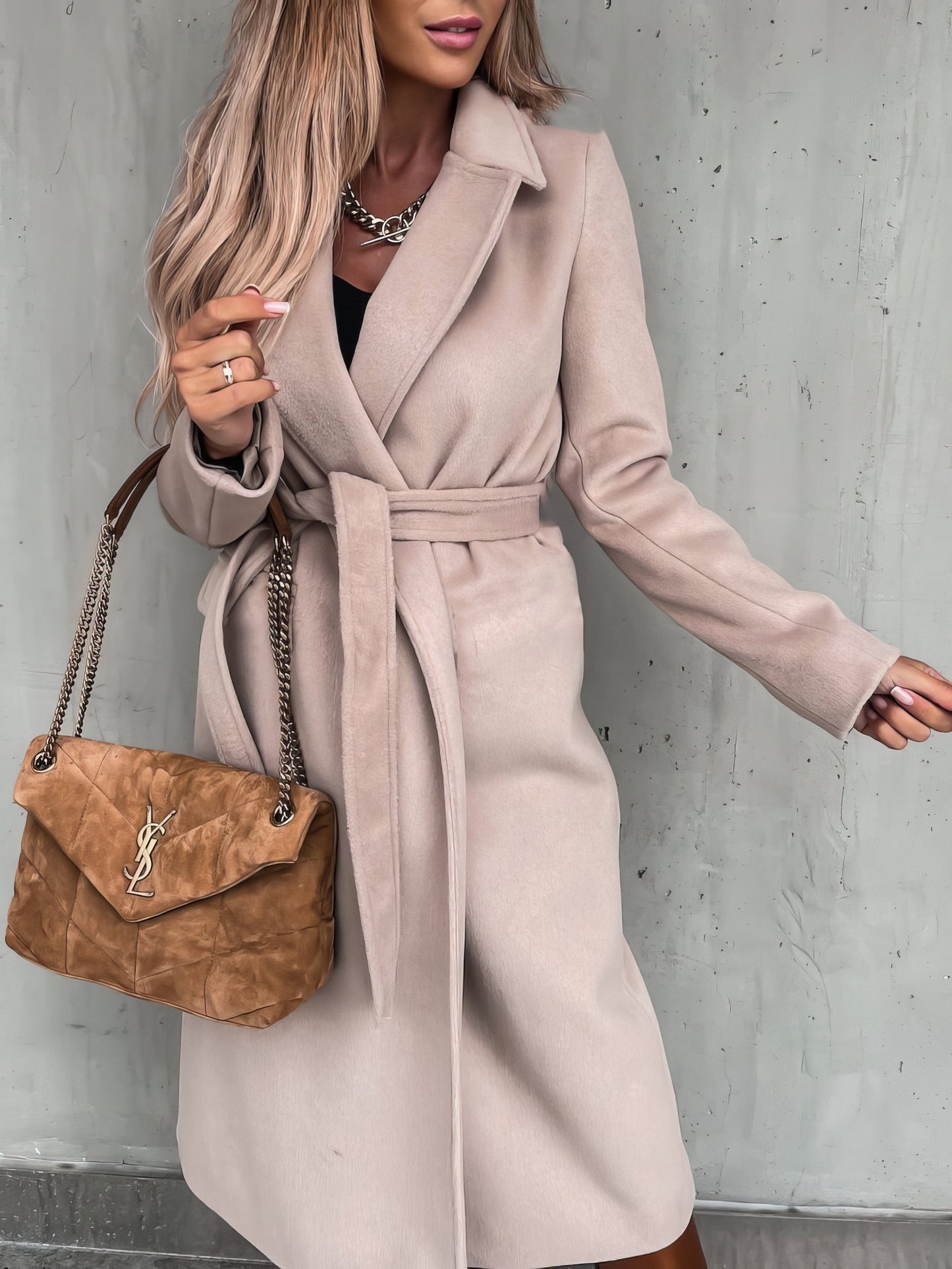 Simple Lapel Belted Long Sleeve Woolen Coat