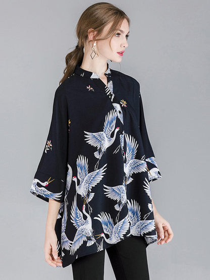 Size Curve Blouses Crane Print Loose Oversized Blouse BLO2303150026BLUXL Blue / 12 (XL)