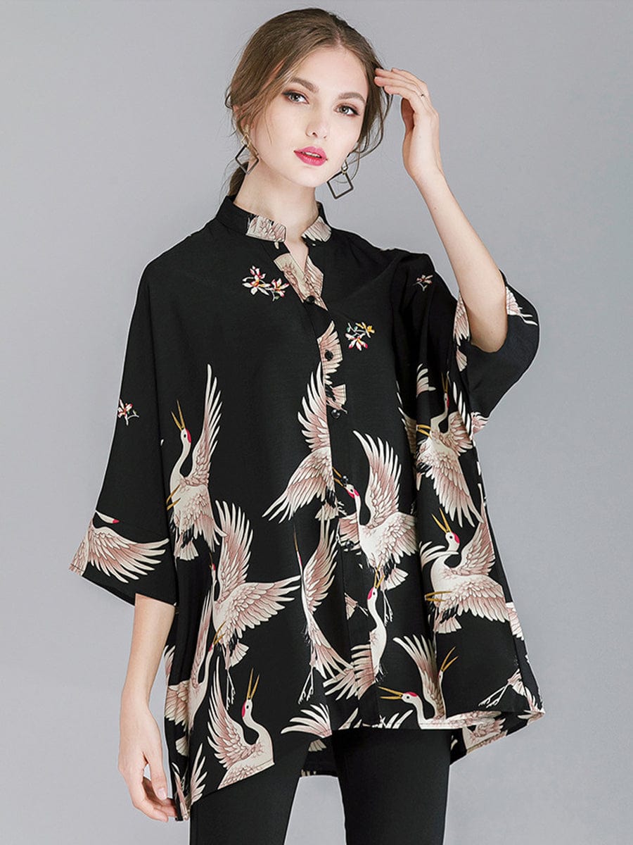 Size Curve Blouses Crane Print Loose Oversized Blouse BLO2303150026SBRXL SaddleBrown / 12 (XL)