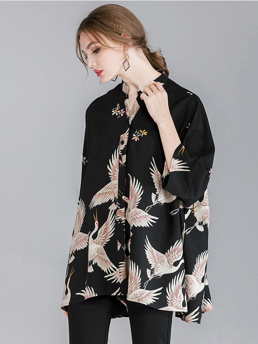 Size Curve Blouses Crane Print Loose Oversized Blouse