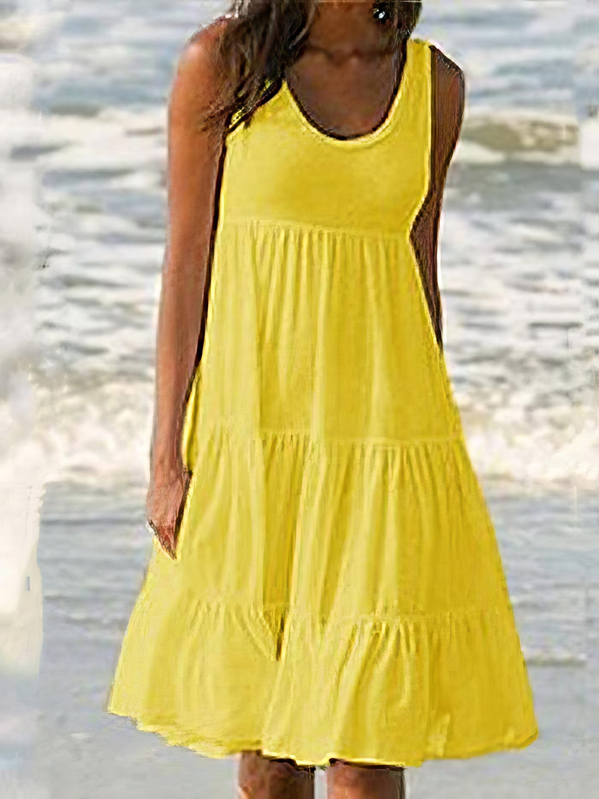 Sleeveless Round Neck Stitching Beach Dress DRE2107031585YELS Yellow / 2 (S)