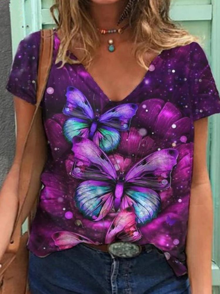 Slim Tie-dye Butterfly Print Short-sleeved T-shirt TSH210518435PURS Purple / 2 (S)