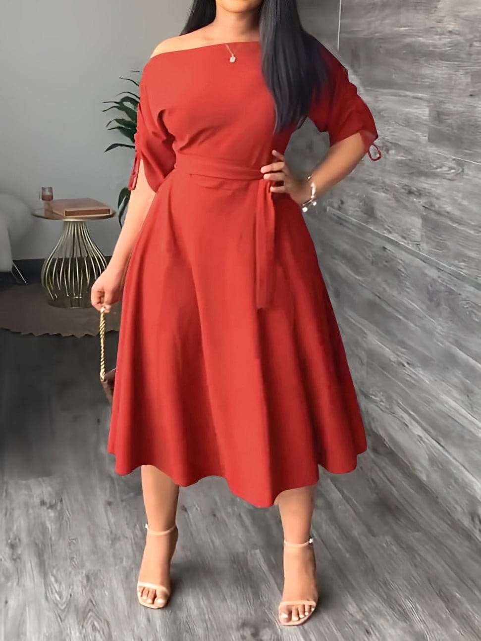 Sloping Shoulder Tie Mid Sleeve Dress DRE2209295555REDS Red / 2 (S)