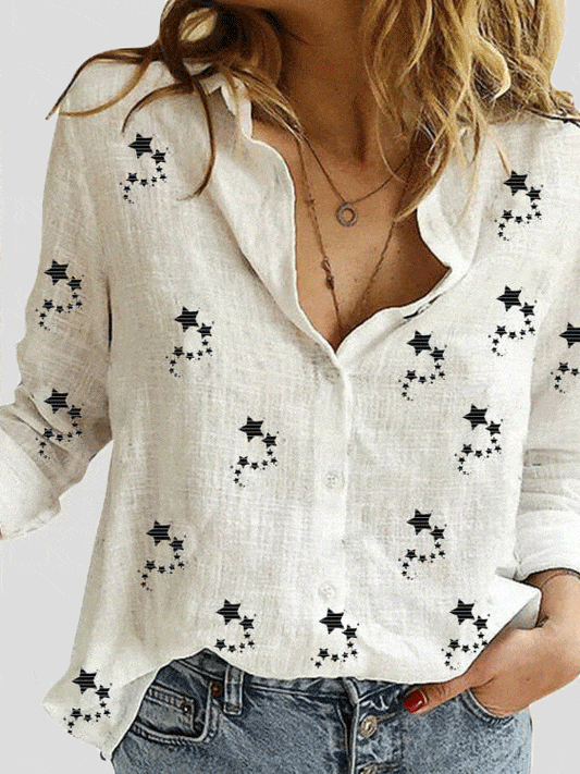 Small Star Print Button Long Sleeve Blouse BLO2112091474WHIS White / 2 (S)