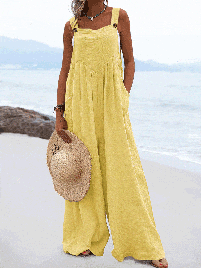 Solid Button Sling Pocket Wide-Leg Jumpsuit JUM2204081505YELS Yellow / 2 (S)