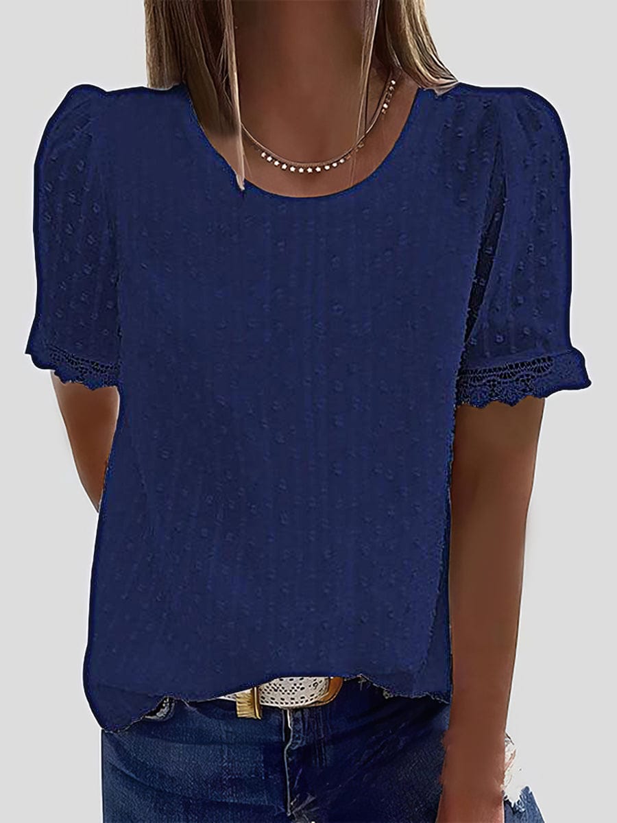 Solid Chiffon Round Neck Short Sleeve Top TSH2106281200RBLUS Blue / 2 (S)