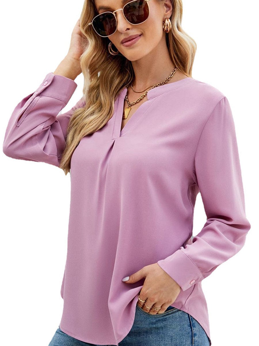 Solid Color Chiffon Loose V-Neck Long Sleeve T-Shirt TSH2303010041PINS Pink / 2 (S)