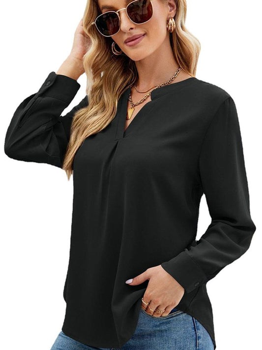 Solid Color Chiffon Loose V-Neck Long Sleeve T-Shirt TSH2303010041BLAS Black / 2 (S)