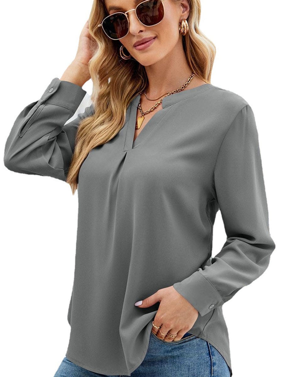 Solid Color Chiffon Loose V-Neck Long Sleeve T-Shirt TSH2303010041GRAS Gray / 2 (S)