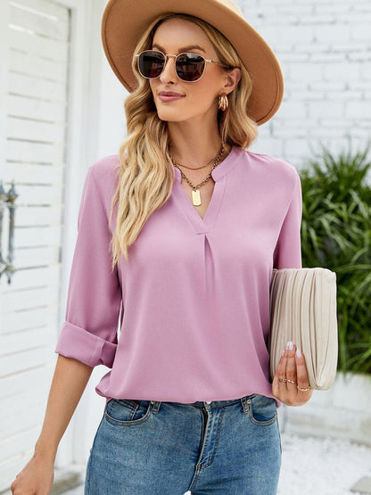 Solid Color Chiffon Loose V-Neck Long Sleeve T-Shirt