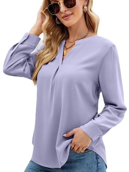 Solid Color Chiffon Loose V-Neck Long Sleeve T-Shirt TSH2303010041PURS Purple / 2 (S)