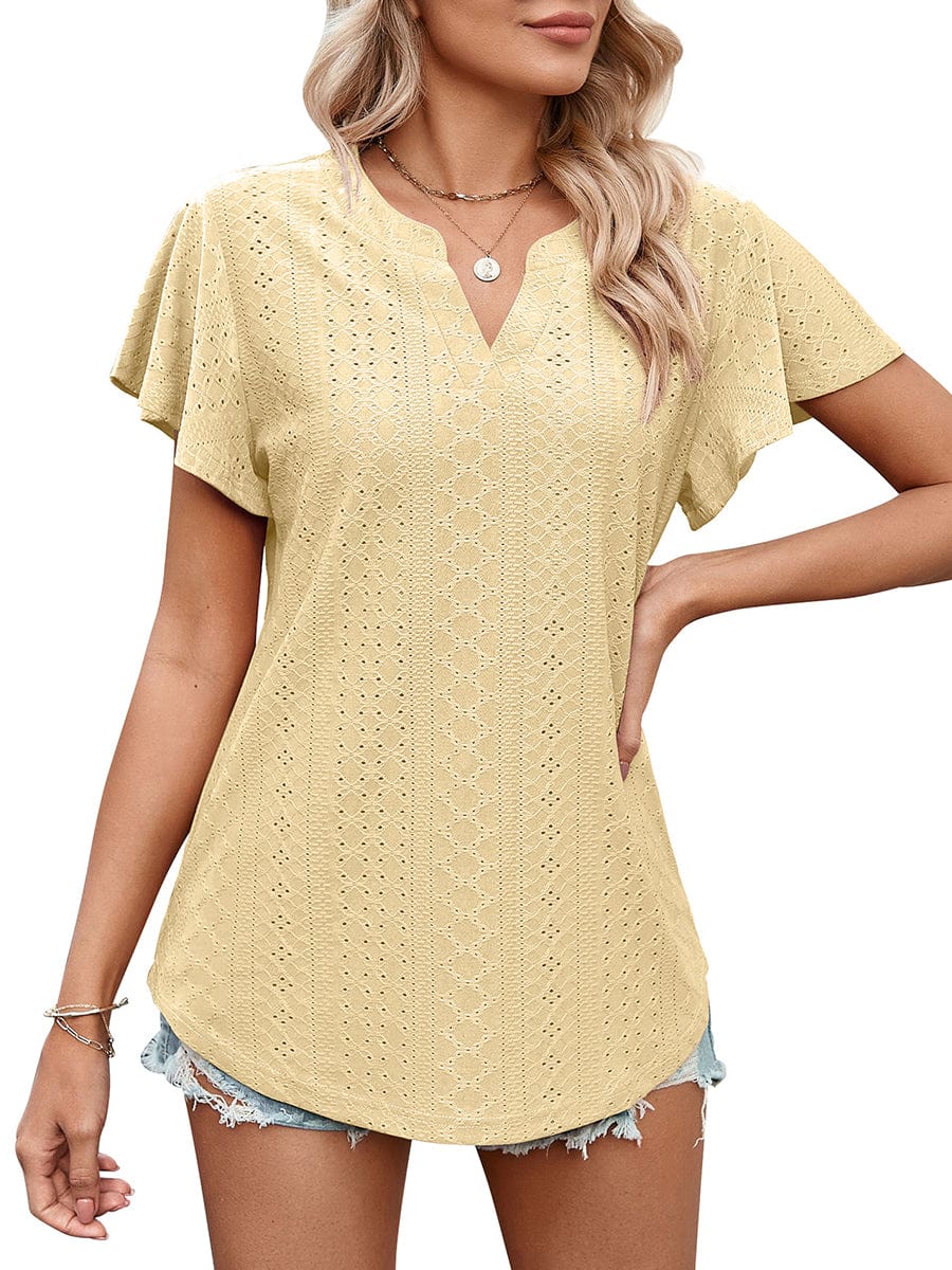 Solid Color Hollow V-Neck Ruffle Sleeve Casual T-Shirt TSH2303030054YELS Yellow / 2 (S)