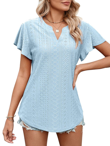 Solid Color Hollow V-Neck Ruffle Sleeve Casual T-Shirt TSH2303030054LBLS LightBlue / 2 (S)