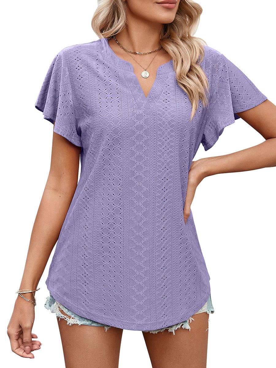 Solid Color Hollow V-Neck Ruffle Sleeve Casual T-Shirt TSH2303030054PURS Purple / 2 (S)