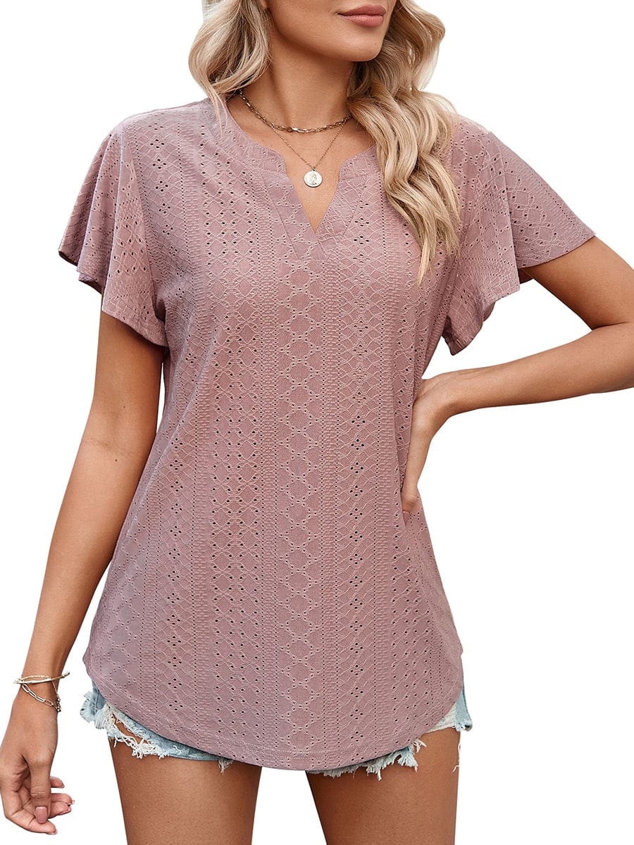 Solid Color Hollow V-Neck Ruffle Sleeve Casual T-Shirt TSH2303030054PINS Pink / 2 (S)