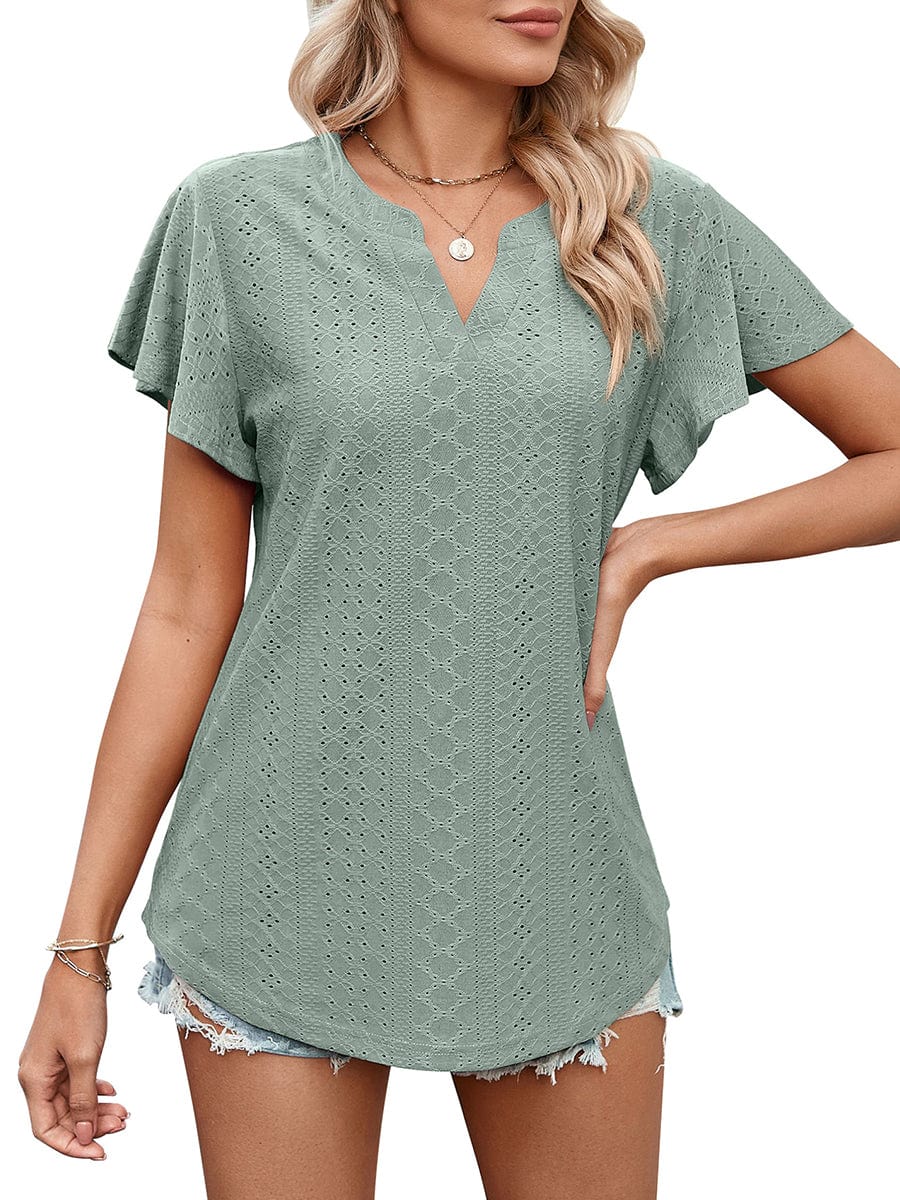 Solid Color Hollow V-Neck Ruffle Sleeve Casual T-Shirt TSH2303030054GRES Green / 2 (S)