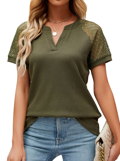 Solid Color Lace Hollow V-Neck Ruffle Sleeve Casual T-Shirt TSH2303030055GRES Green / 2 (S)