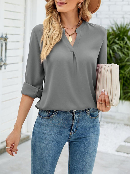Solid Color Loose Chiffon V-Neck Long Sleeve Blouse BLO2212271947GRYS Gray / 2 (S)