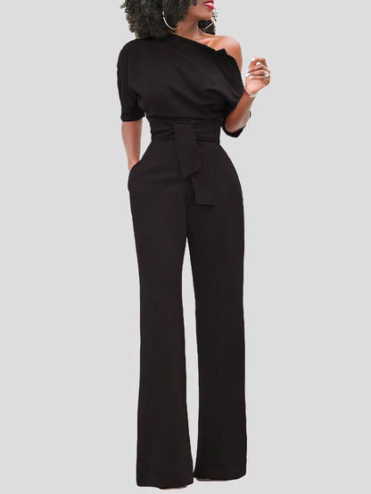 Solid Color One Shoulder Short Sleeve Jumpsuit JUM210524169BLAS Black / 2 (S)