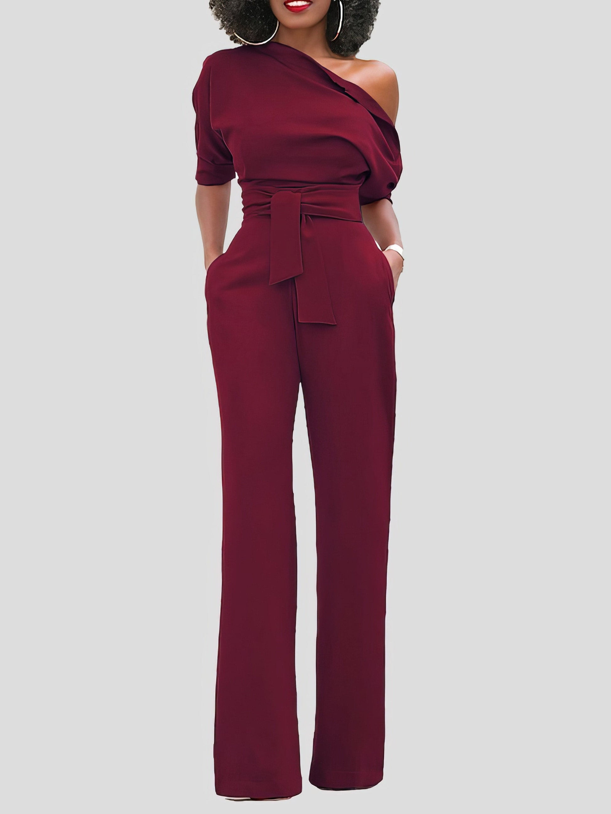 Solid Color One Shoulder Short Sleeve Jumpsuit JUM210524169WINEREDS Red / 2 (S)