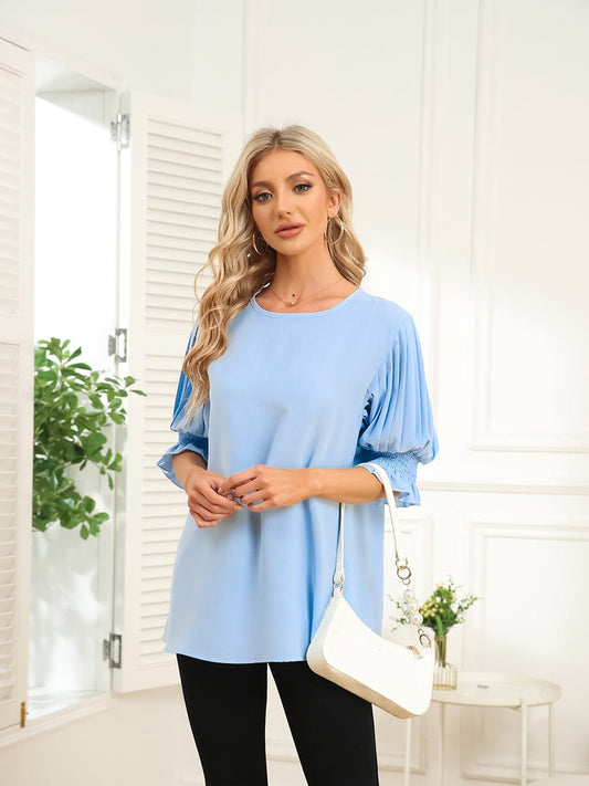 Solid Color Round Neck Ruffle Sleeve Chiffon Blouse BLO2303150033SBLS SkyBlue / 2 (S)