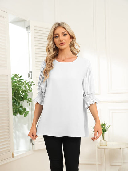 Solid Color Round Neck Ruffle Sleeve Chiffon Blouse