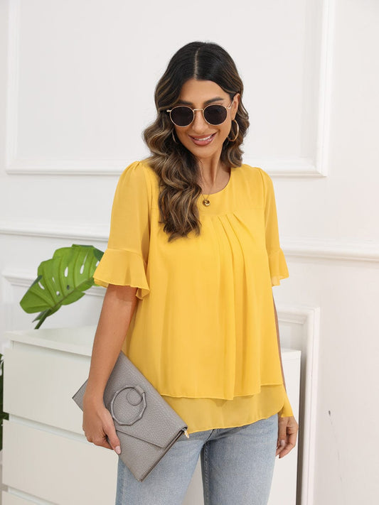 Solid Color Round Neck Short Sleeve Pleated Chiffon Blouse BLO2303150031YELM Yellow / 4/6 (M)