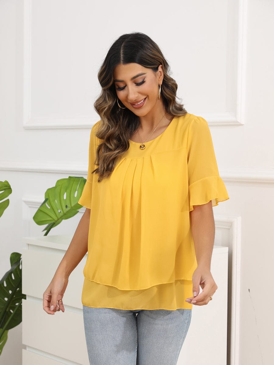 Solid Color Round Neck Short Sleeve Pleated Chiffon Blouse