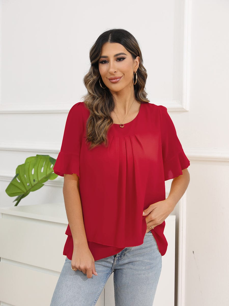 Solid Color Round Neck Short Sleeve Pleated Chiffon Blouse BLO2303150031REDM Red / 4/6 (M)