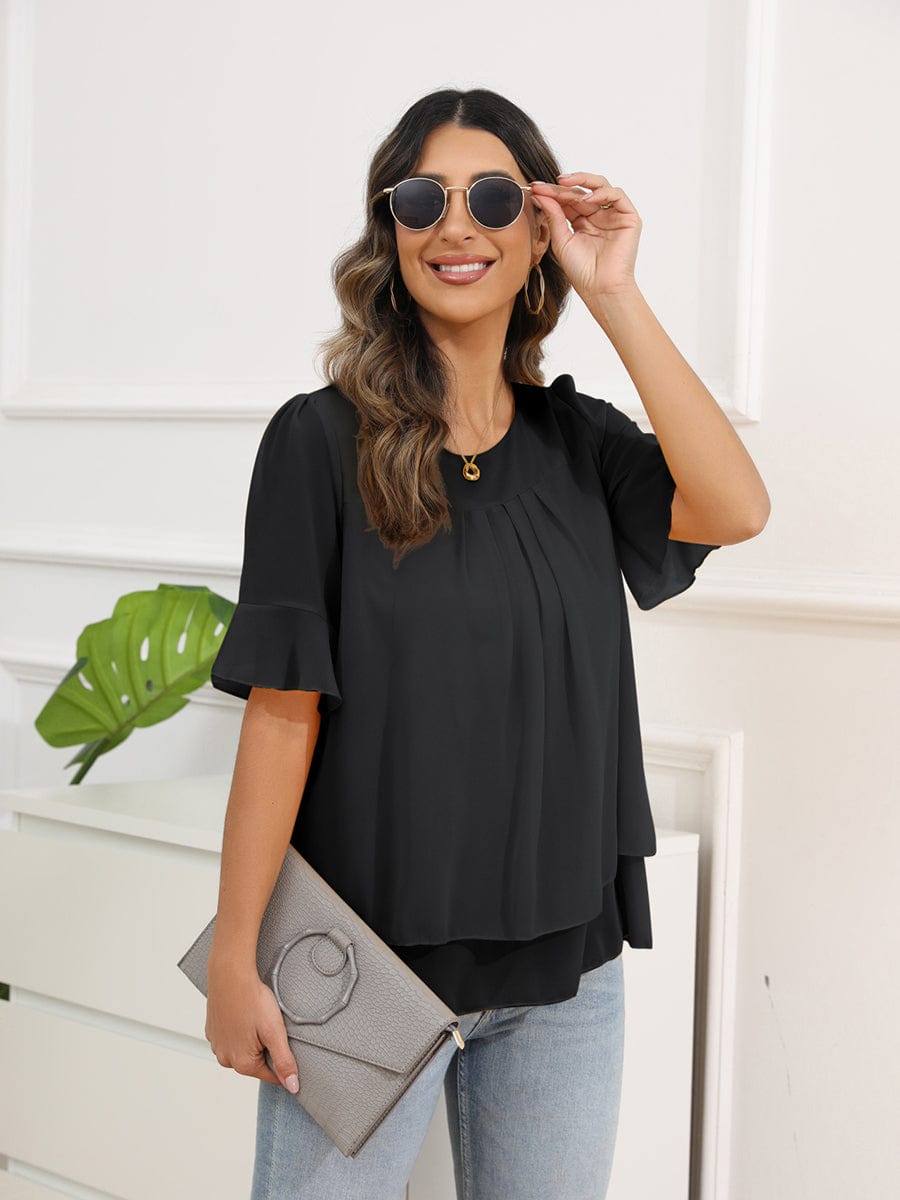 Solid Color Round Neck Short Sleeve Pleated Chiffon Blouse