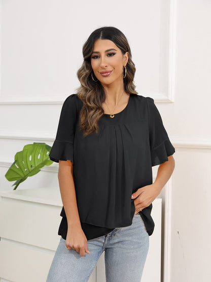 Solid Color Round Neck Short Sleeve Pleated Chiffon Blouse BLO2303150031BLAM Black / 4/6 (M)