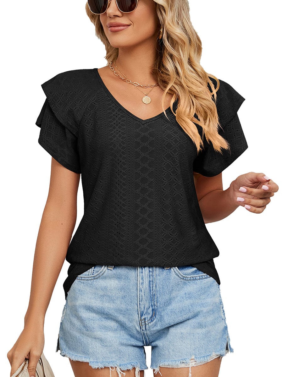 Solid Color V-Neck Loose Short Sleeve Double Sleeve T-Shirt TSH2303010037BLAS Black / 2 (S)