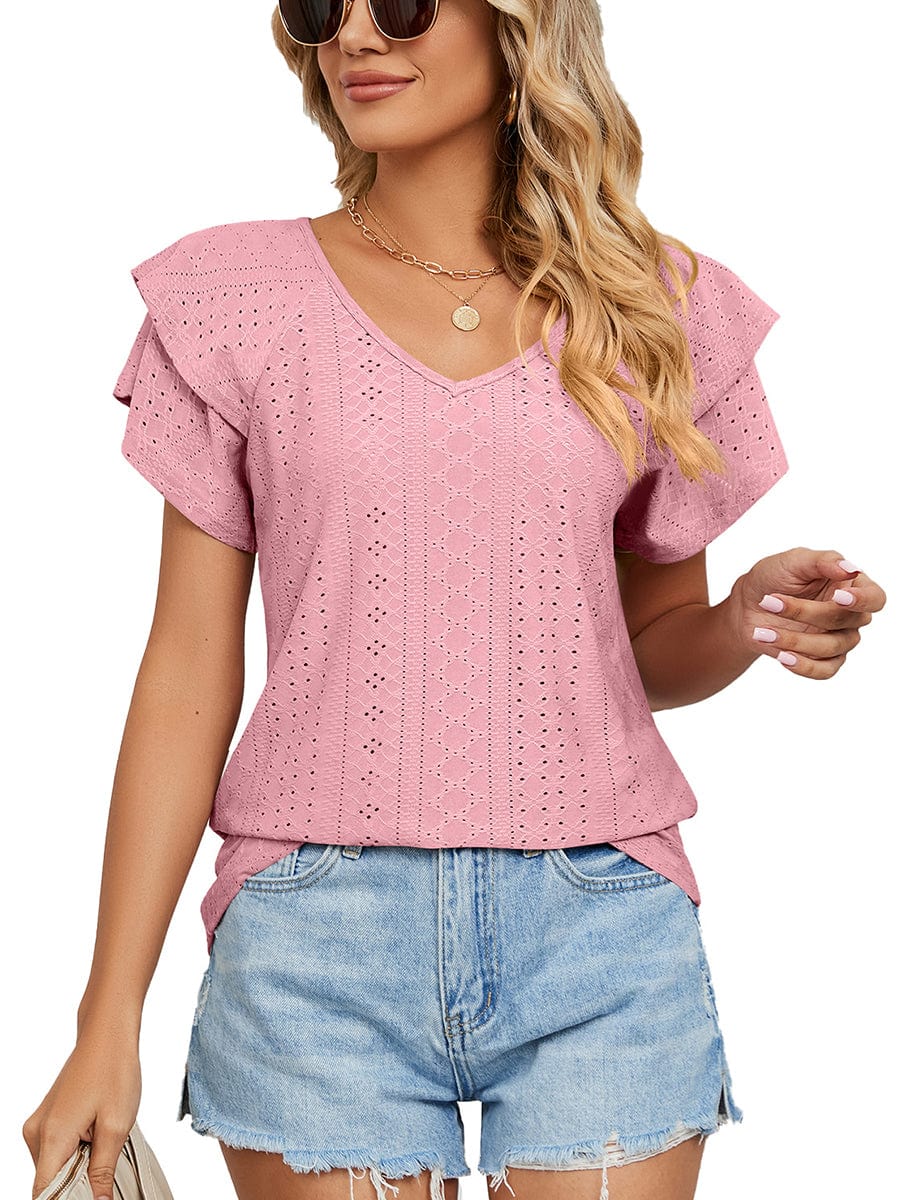 Solid Color V-Neck Loose Short Sleeve Double Sleeve T-Shirt TSH2303010037PINS Pink / 2 (S)