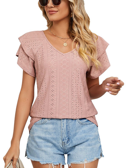 Solid Color V-Neck Loose Short Sleeve Double Sleeve T-Shirt TSH2303010037LPINS LightPink / 2 (S)