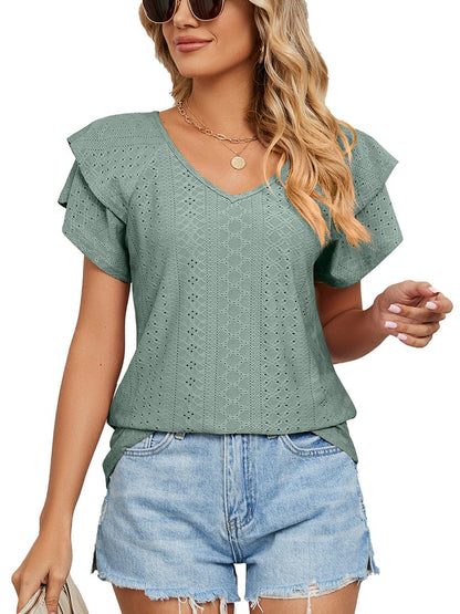 Solid Color V-Neck Loose Short Sleeve Double Sleeve T-Shirt TSH2303010037GRES Green / 2 (S)