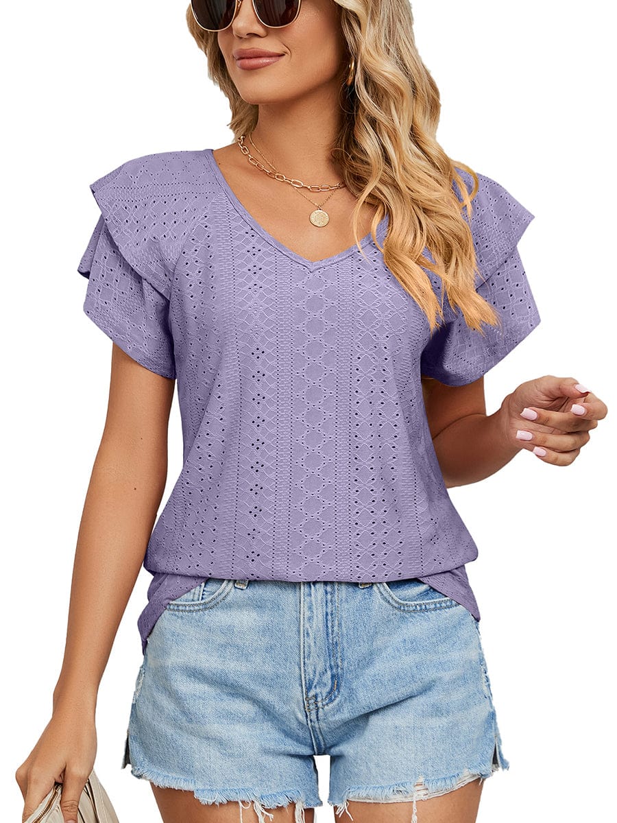 Solid Color V-Neck Loose Short Sleeve Double Sleeve T-Shirt TSH2303010037PURS Purple / 2 (S)