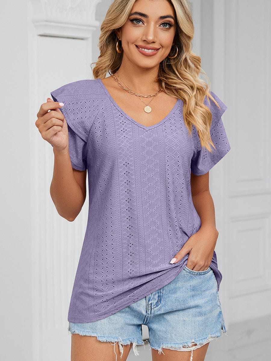 Solid Color V-Neck Loose Short Sleeve Double Sleeve T-Shirt