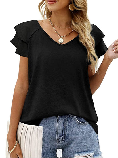 Solid Color V-Neck Ruffled Sleeves Loose T-Shirt TSH2303010035BLAS Black / 2 (S)