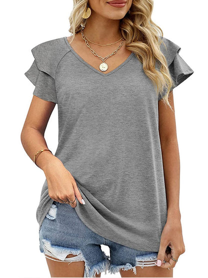 Solid Color V-Neck Ruffled Sleeves Loose T-Shirt TSH2303010035GRAS Gray / 2 (S)