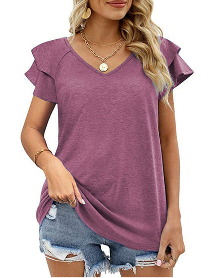 Solid Color V-Neck Ruffled Sleeves Loose T-Shirt TSH2303010035RBROS RosyBrown / 2 (S)