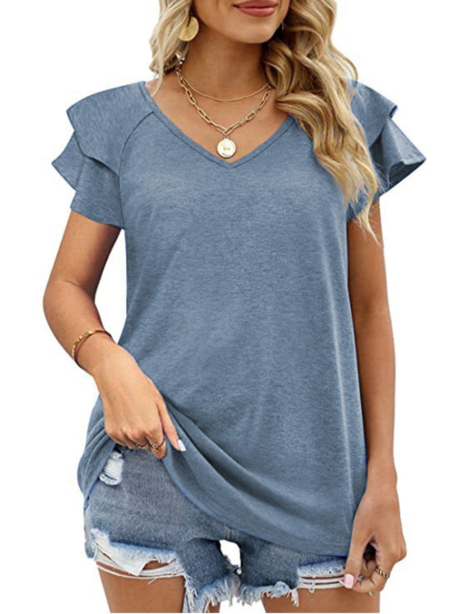 Solid Color V-Neck Ruffled Sleeves Loose T-Shirt TSH2303010035BLUS Blue / 2 (S)