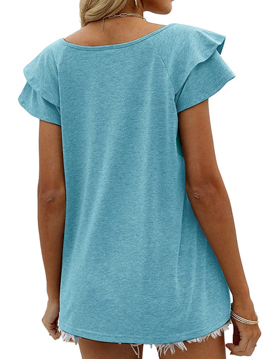 Solid Color V-Neck Ruffled Sleeves Loose T-Shirt