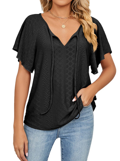 Solid Color V Neck Tie Loose Short Sleeve T-Shirt TSH2303010031BLAS Black / 2 (S)