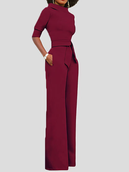 Solid Five-Point Sleeve Belted Wide-Leg Jumpsuit