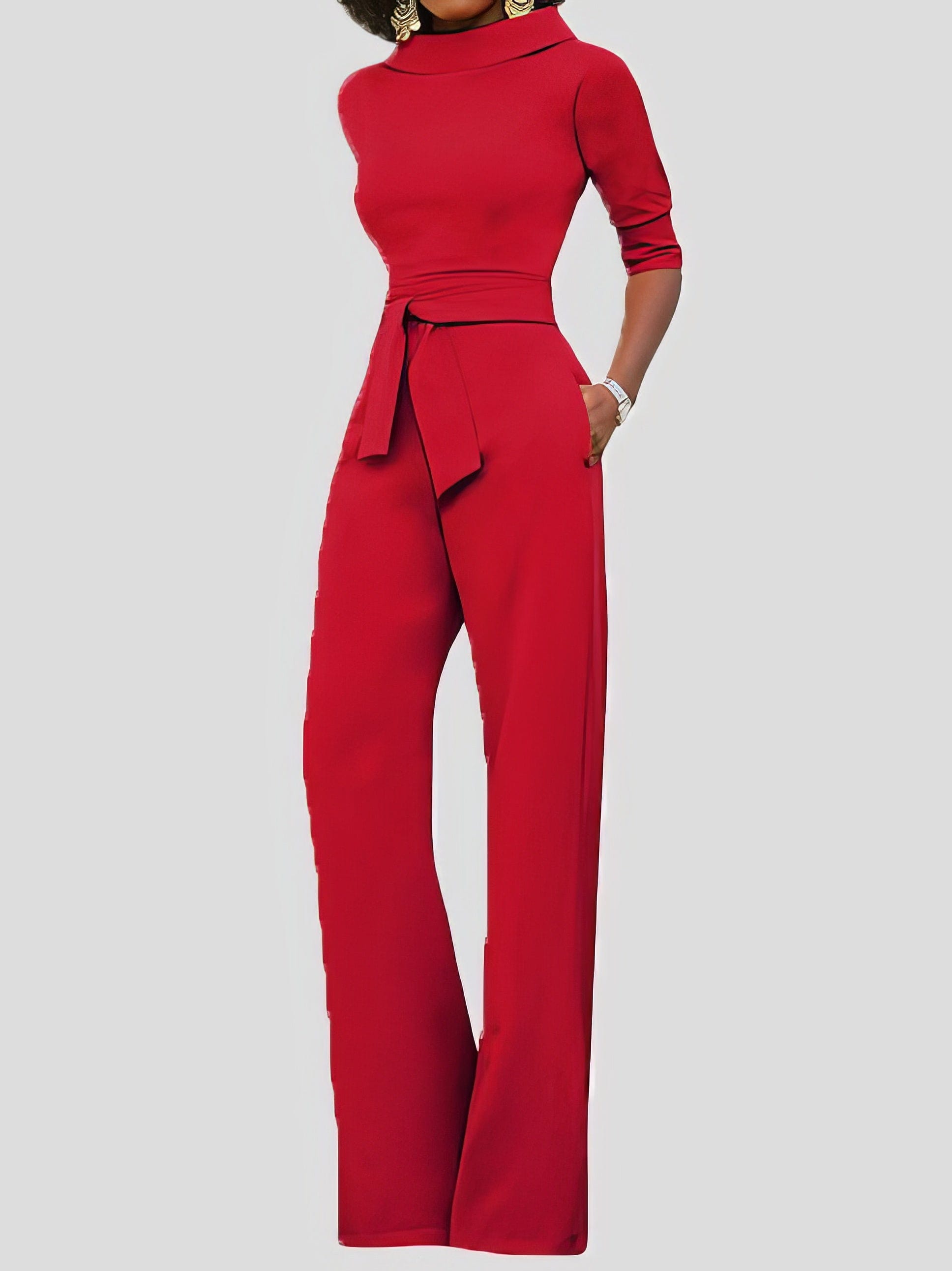 Solid Five-Point Sleeve Belted Wide-Leg Jumpsuit JUM2112291364REDS Red / 2 (S)