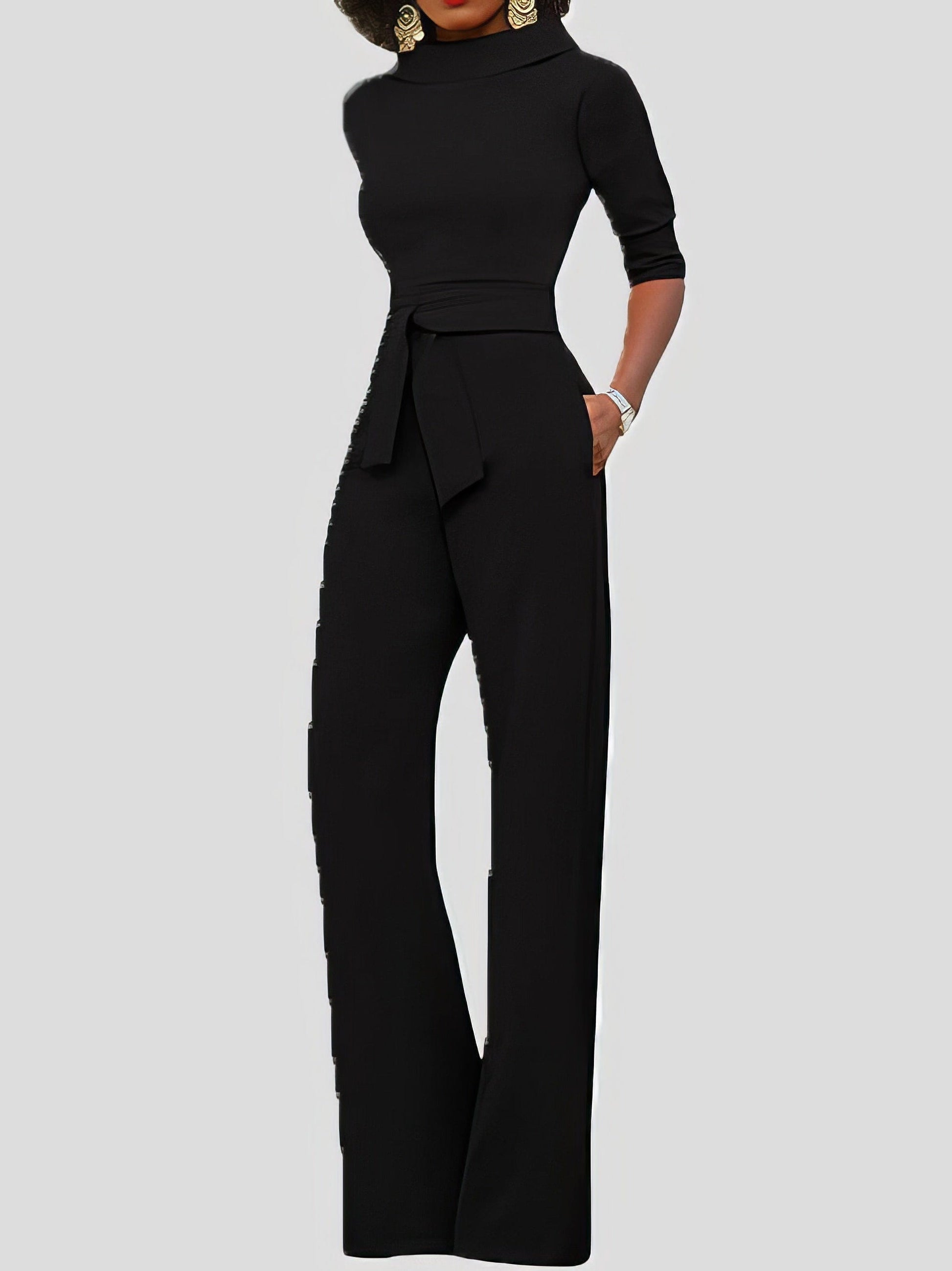 Solid Five-Point Sleeve Belted Wide-Leg Jumpsuit JUM2112291364BLAS Black / 2 (S)