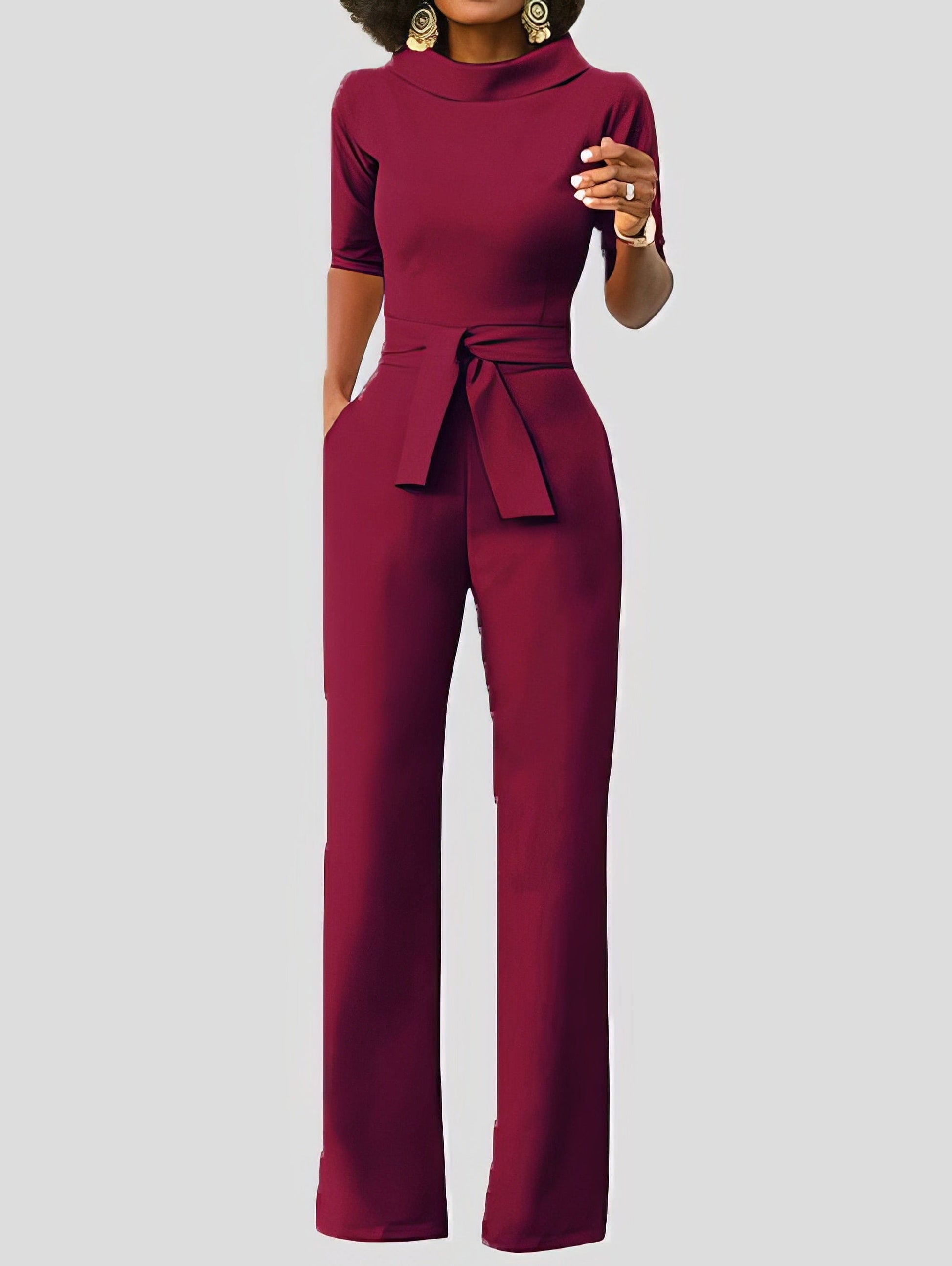 Solid Five-Point Sleeve Belted Wide-Leg Jumpsuit