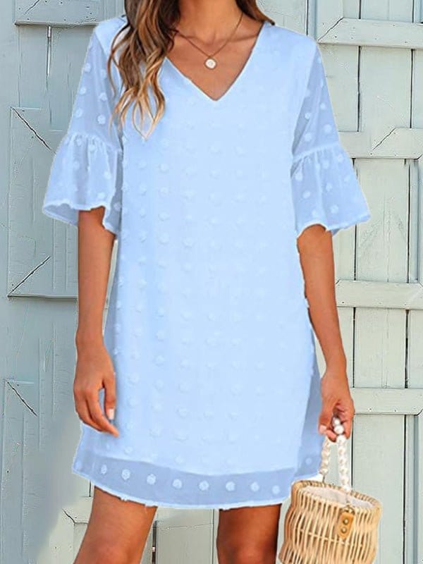Solid Jacquard Dots Chiffon Short Sleeve Dress DRE2204284051LBLUS LightBlue / 2 (S)