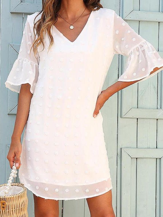 Solid Jacquard Dots Chiffon Short Sleeve Dress DRE2204284051WHIS White / 2 (S)
