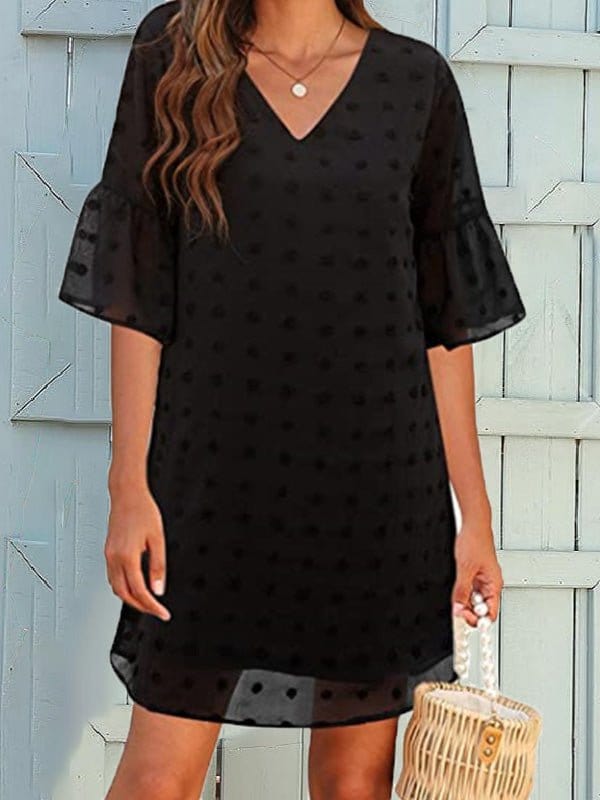 Solid Jacquard Dots Chiffon Short Sleeve Dress DRE2204284051BLAS Black / 2 (S)